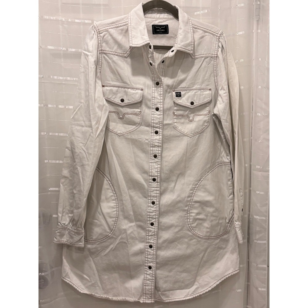 Kimes Ranch Womens White Denim Western Shirt Dress Long Sleeve Cotton Large